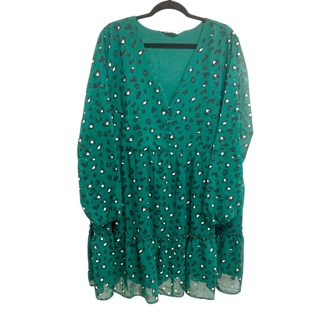 Studio Untold Green Longsleeve Dress Heart Animal Print Tiered‎ Ruffle 24